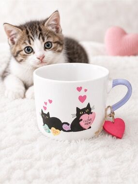 Cute Cat Love Ceramic Mug - White with Pink and Purple Accents